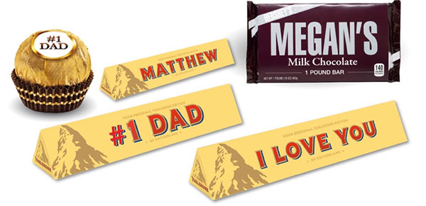 Customized Hershey's bars, Toblerone, and other chocolate.