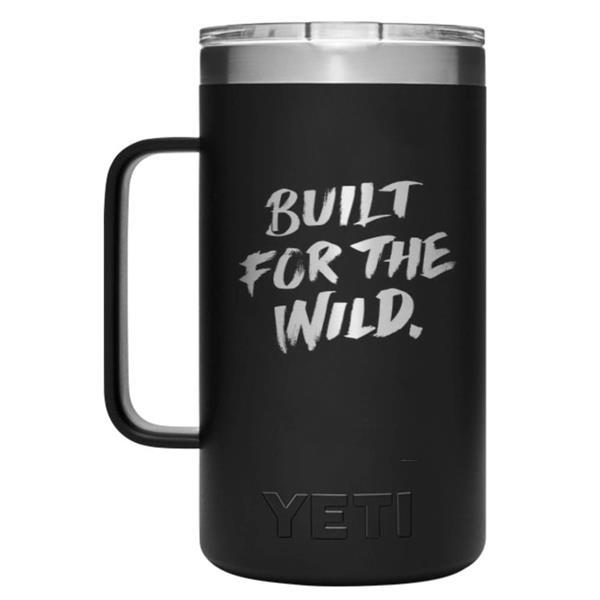 Customizable black yeti mug with "Built for the Wild" logo